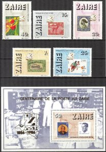 Zaire 1986 100 Years of Post stamps on stamps Set 5 + S/S MNH