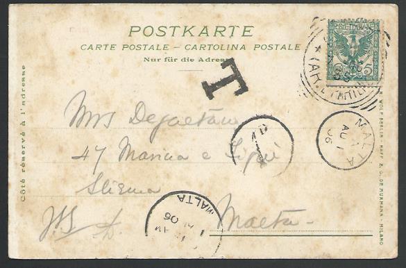 MALTA 1906 postcard ex Italy postage due 1d in circle etc..................53262