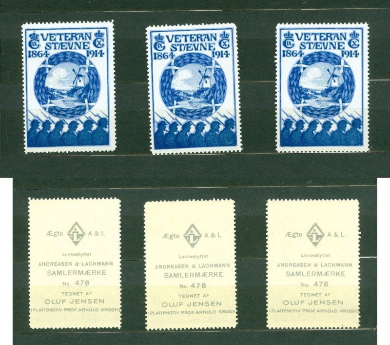 Denmark. 3 Poster Stamp MNH 1914. Veteran Reunion From 1864. Dybol Mill.