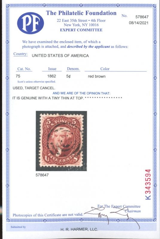U.S. #75 Used with PF Cert