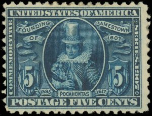 US SCOTT #330 Jamestown POCAHONTAS, Mint-Fine-Hinged, SCV $125.00 A Great Price!