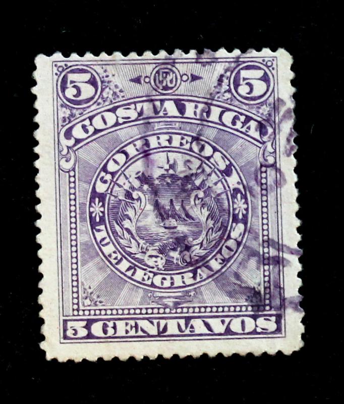Costa Rica Telegraph Stamp Barefoot #1 used 5c 1892 POST OFFICE FRESH