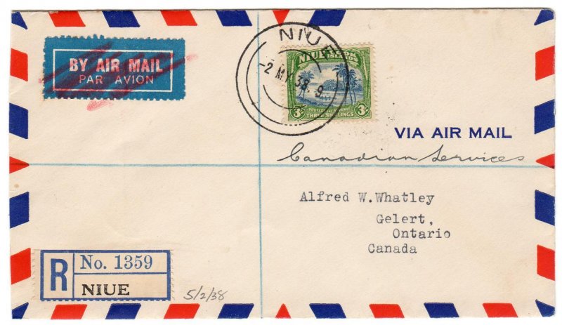 Niue 3sh First Day registered airmail to Canada, 1938