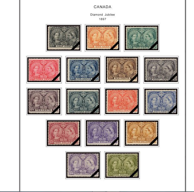 COLOR PRINTED CANADA [CLASS.] 1851-1955 STAMP ALBUM PAGES (37 illustrated pages)