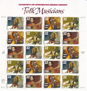 US 3215a (3212-15) MNH 1998 32¢ Folk Musicians - Full Pane of 20