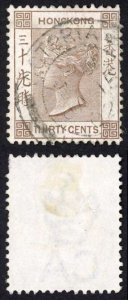 Hong Kong SG61 30c Brown Wmk CA Victoria Pmk (short perfs) Cat 32 pounds