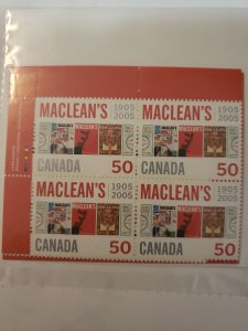 Canada MACLEAN'S MAGAZINE  2005 #2104 Set of 4 Inscription Corner Blocks