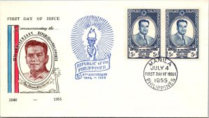 Philippines FDC 1955 - 9th Anniversary of RP - 2 x 5c Stamp - Pair - F43122