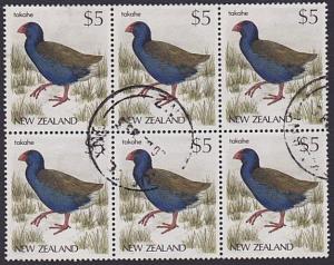 NEW ZEALAND 1988 $5 Bird - Takahe - fine used block of 6, cat NZ$72.........7333