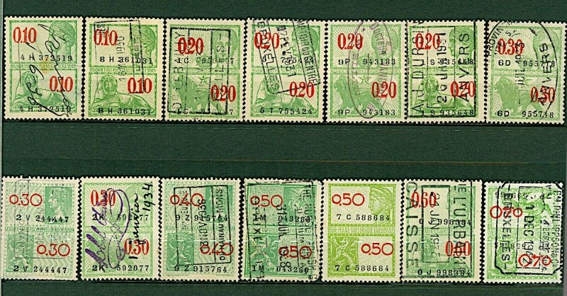 Belgium 1930/ 42 range of 14 revenue issues as illustrated diff rates FU Stamps