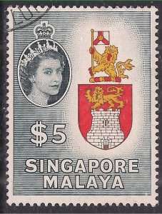 Singapore  1955 -59 QE2 $5 Arms of Singapore Used SG 52 ( L855 )