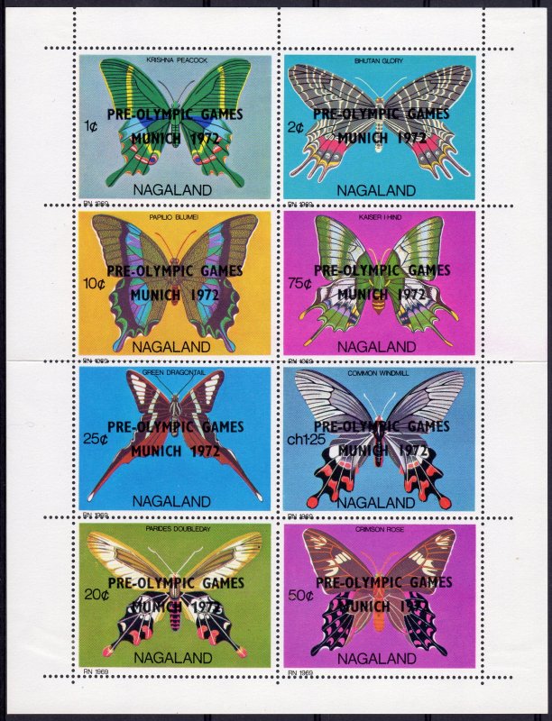 Nagaland 1972 BUTTERFLIES OVPT.PRE-OLYMPIC GAMES MUNICH  Sheetlet (8) MNH