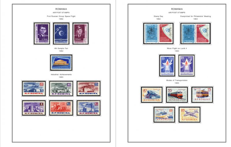 COLOR PRINTED ROMANIA AIRMAIL 1928-2000 STAMP ALBUM PAGES (56 illustrated pages)