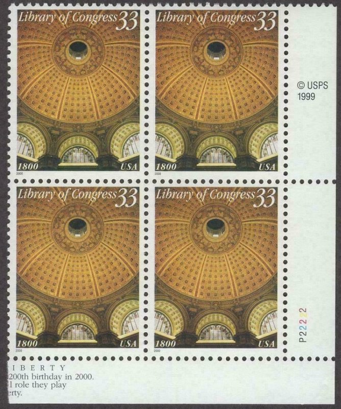 Scott # 3390 - Plate Block Of 4 - Library Of Congress - MNH - 2000