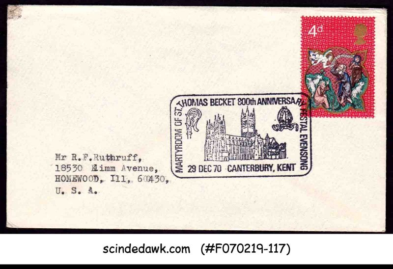 GREAT BRITAIN - 1970 COVER WITH MARTYRDOM F ST. THOMAS BECKET CANCL.