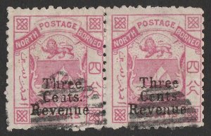 NORTH BORNEO 1886 'Three Cents Revenue' on Arms 4c Postal Fiscal pair Postally U