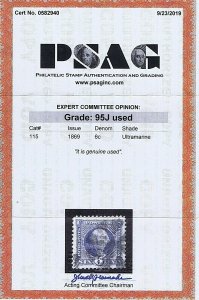 SC# 115, USED, 6C WASHINGTON,1869, LIGHT CORK CNL, 2019 PSAG CERT GRADE XF-S 95J