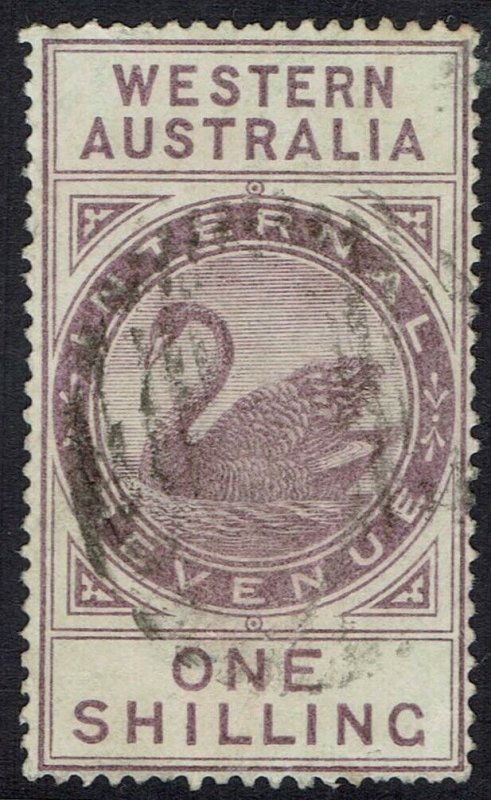 WESTERN AUSTRALIA 1893 SWAN INTERNAL REVENUE 1/- POSTAL USED WMK CA/CROWN 