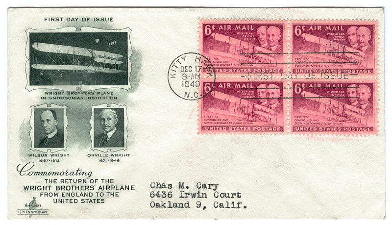 Scott C45 1949 6c Wright Brothers Airmail First Day Cover Cat $2.75