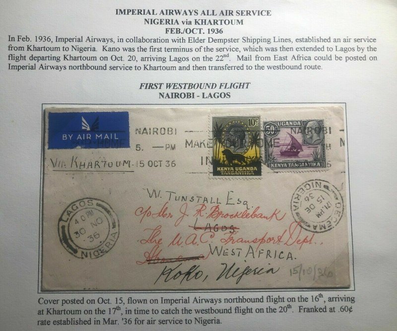 1936 Nairobi Kenya KUT First WestBound Flight Airmail Cover FFC To Koko Nigeria