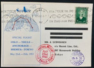 1953 Oslo Norways Airmail Around The World Flight PC Cover To Tokyo Japan