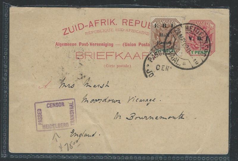 TRANSVAAL  (PP0312B) 1902 PSC CENSOR TO ENGLAND