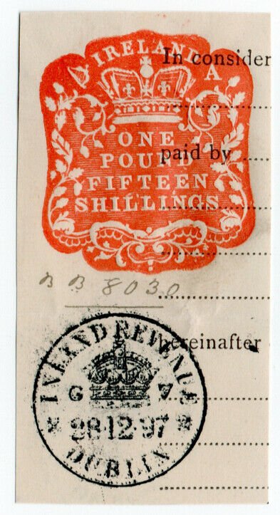 (I.B) QV Revenue : Ireland Impressed Duty £1 15/- (Dublin 1897)