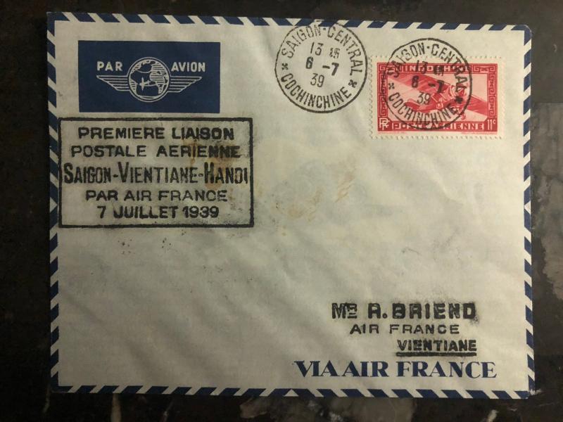 1939 Saigon Laos Hanoi Vietnam First Flight Cover 200 Flown FFC via Air France