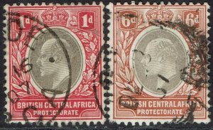 BRITISH CENTRAL AFRICA 1907 KEVII 1D AND 6D WMK MULTI CROWN CA USED