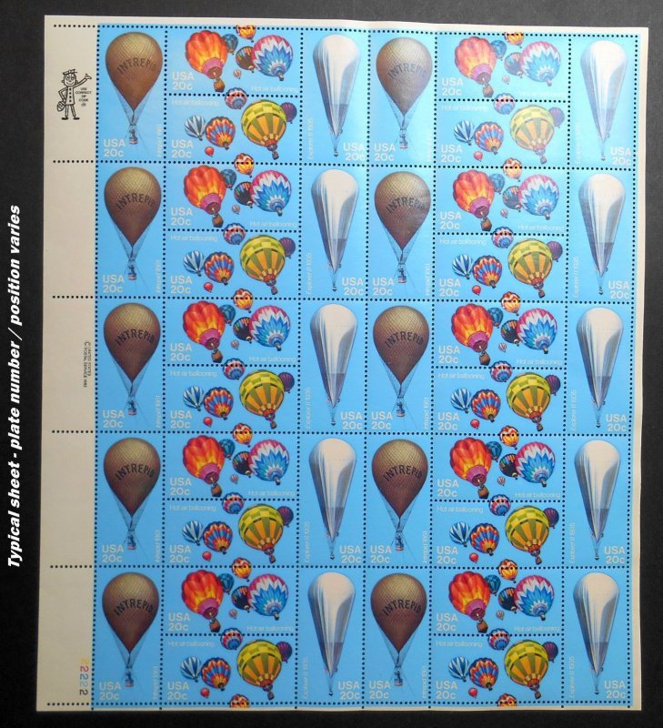 1983 Hot Air Balloons 20c Sc 2065a mint sheet of 50 ballooning 4 designs Typical