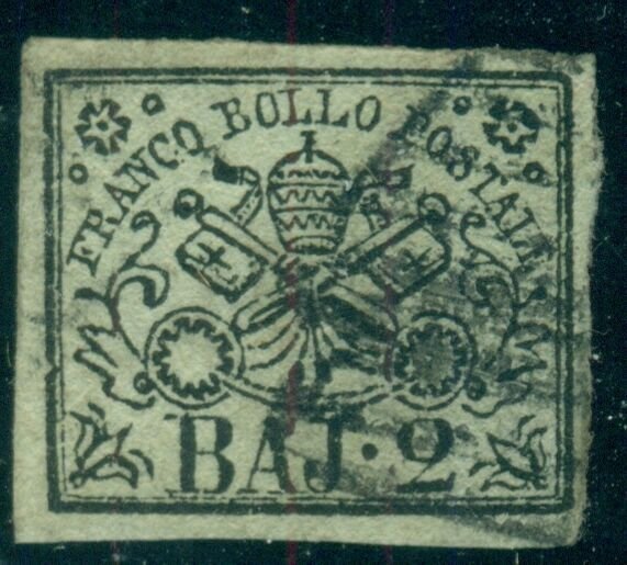 ITALIAN STATES ROMAN STATES #3, 2b black greenish white Papal Arms, Imperf, used