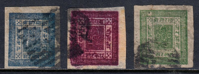 NEPAL — SCOTT 7-9 — 1886 SRIPECH/KHUKRIS SET, NATIVE WOVE PAPER — USED— SCV $115