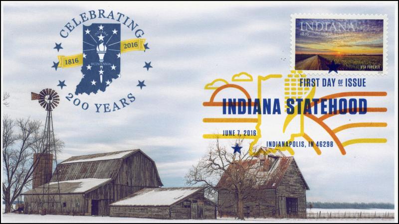 2016, Indiana Statehood, 200 Years, FDC, Color Digital Postmark, Barns, 16-186