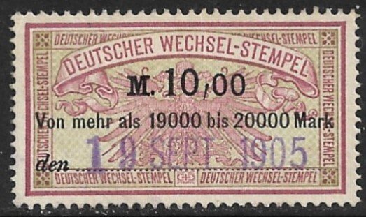 GERMANY 1901 10,00 Unwmkd Bill of Exchange Revenue Erler No. AJ133 VFU