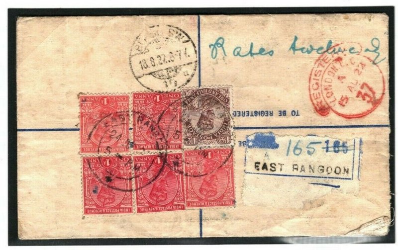 BURMA Cover *East Rangoon* REGISTERED INSURED Germany Berlin FRANKING 1922 GV143