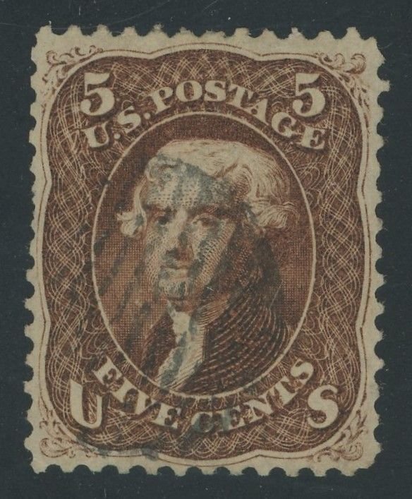 USA 75 - 5 cent Jefferson Red Brown - F/VF Used with circle of bars cancel