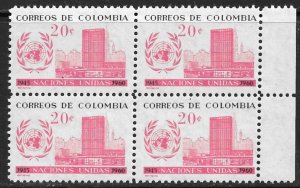 COLOMBIA 1960 UN ANNIVERSARY Issue Block of 4 Sc 724 MNH