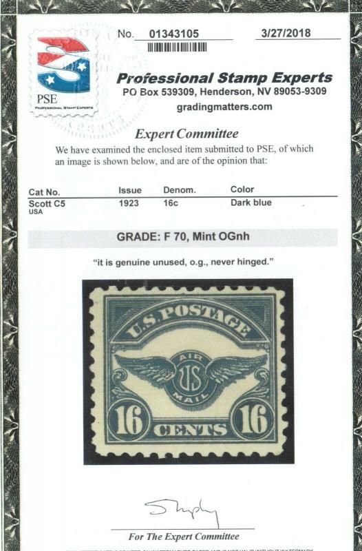 USA #C5 Mint Fine Never Hinged **With Certificate**