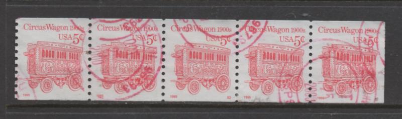 Scott 2452  USED Plate Number S2  Coil  Strip of 5 Luminescent Ink