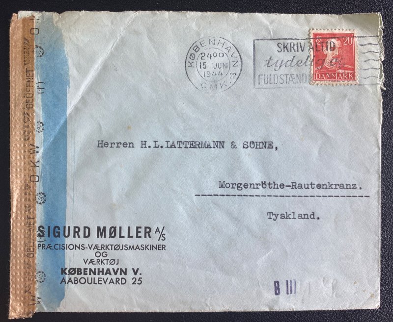 1944 Copenhagen Denmark Commercial Dual Censored Cover To Tyskland