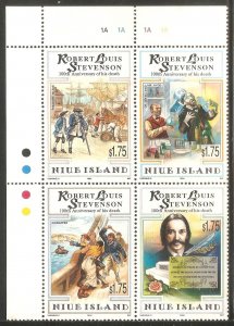 NIUE Sc# 671 MNH FVF 4Block Robert Louis Stevenson 100th Death Anniv.