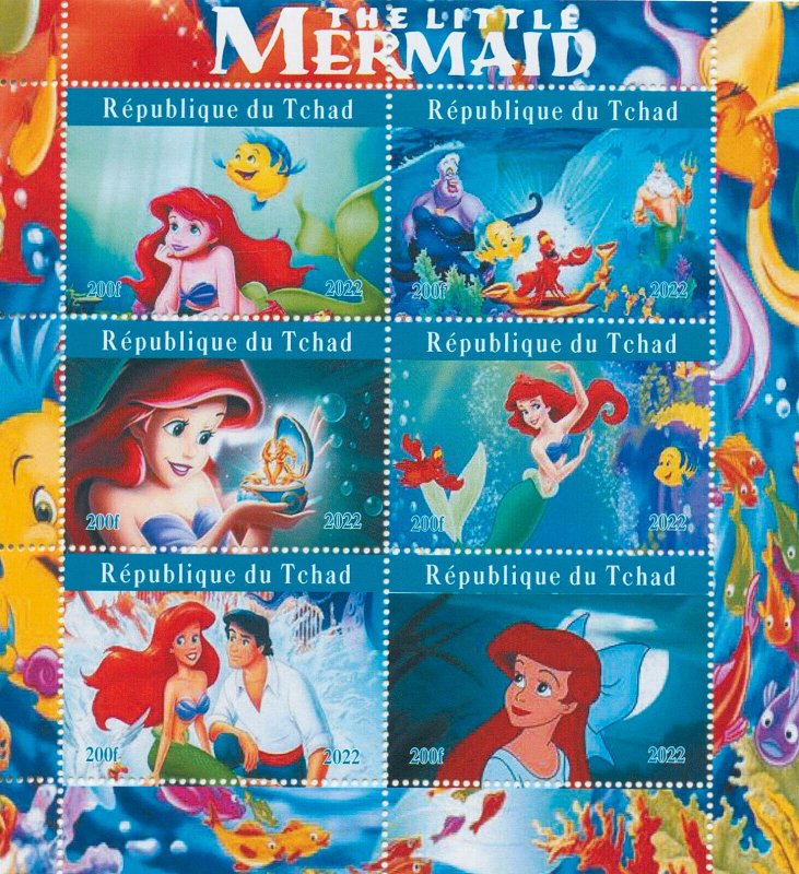 Chad 2022 MNH Disney Stamps Little Mermaid Ariel Cartoons Animation 6v M/S 