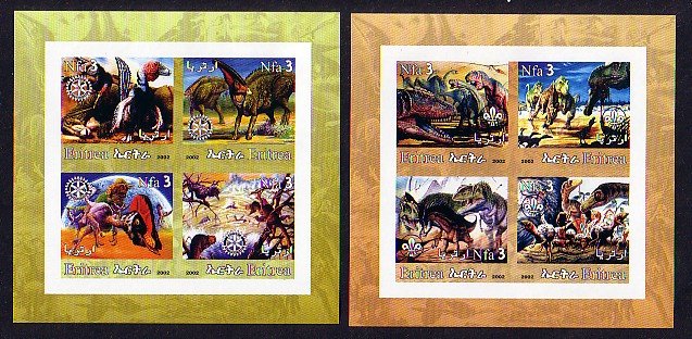 Eritrea, 2002 Cinderella issue. Dinosaurs on 2 IMPERF sheets of 4. ^