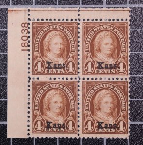 Scott 662 - 4 Cents M Washington - MNH Plate Block Of 4 Kansas - SCV $300.00