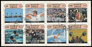 Oman State, CTO, Los Angeles Olympics miniature sheet of 8