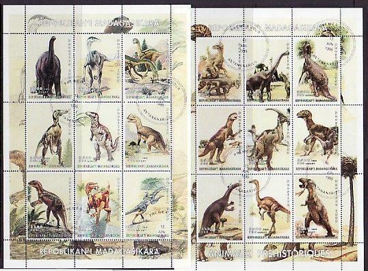 Malagasy Rep. 1999 Cinderella issue. Dinosaurs on 2 Sheets. Canceled, C.T.O.