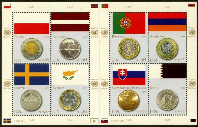 UNITED NATIONS Sc# NY 953 Geneva 484 Vienna 421 2008 Flags & Coins Sheets MNH