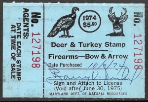 USA MARYLAND 1974 $5.50 State DEER & TURKEY Hunting Permit Revenue Used