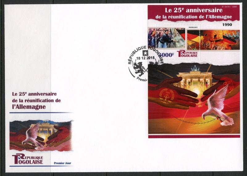 TOGO  2015 25th ANNIVERSARY OF  UNIFICATION OF GERMANY SHEET FIR‏ST DAY COVER 