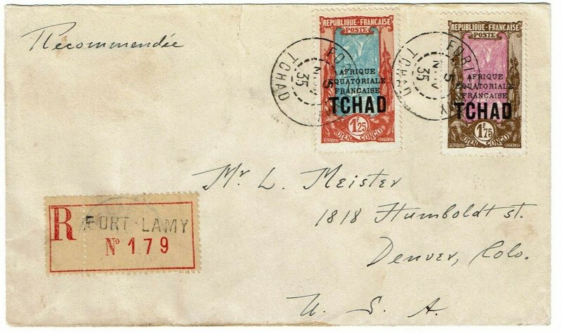 Chad 1935 Fort Lamy cancel on registered cover to the U.S., Scott 47, $190